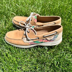 Womens Sperry Top-Siders, Boat shoes with plaid design and leather uppers size 9